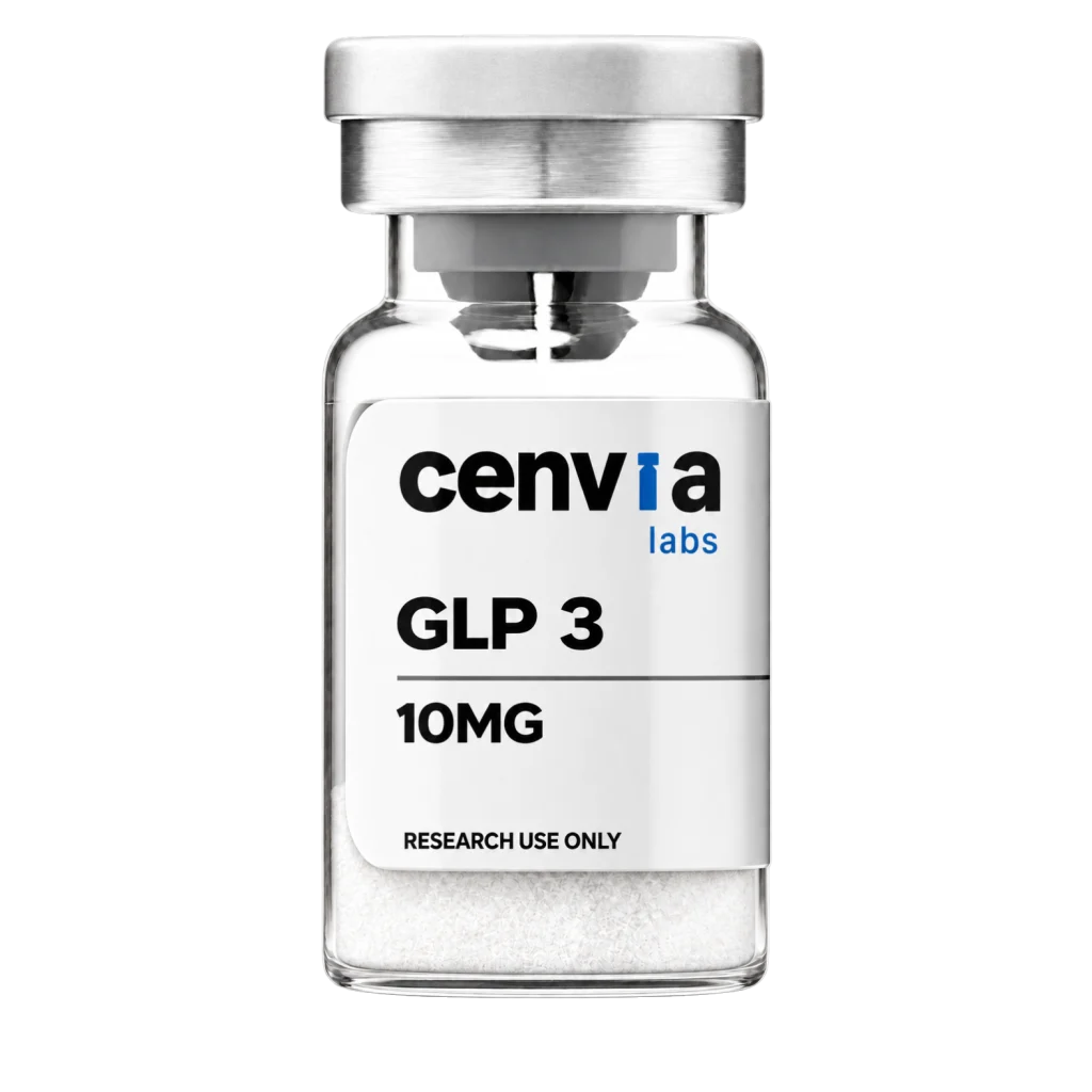 Cenvia Labs GLP-3 10mg vial, transparent background (product mockup, not final photography)