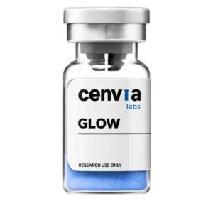 Cenvia Labs GLOW 70mg vial, transparent background (product mockup, not final photography)