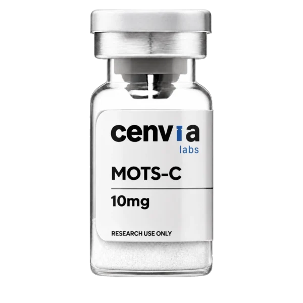 Cenvia Labs MOTS-C 10mg vial, transparent background (product mockup, not final photography)