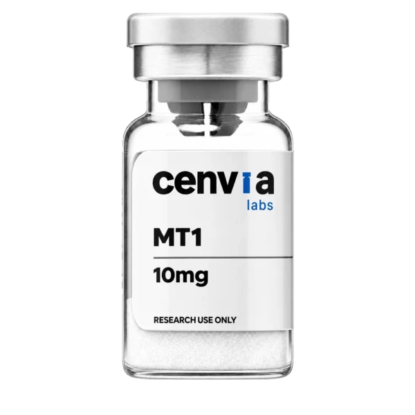 Cenvia Labs MT1 10mg vial, transparent background (product mockup, not final photography)
