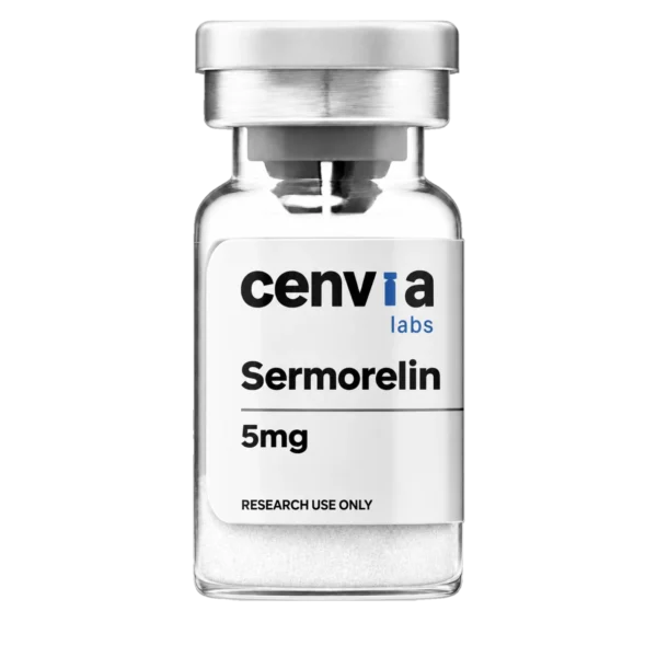 Cenvia Labs Sermorelin 5mg vial, transparent background (product mockup, not final photography)