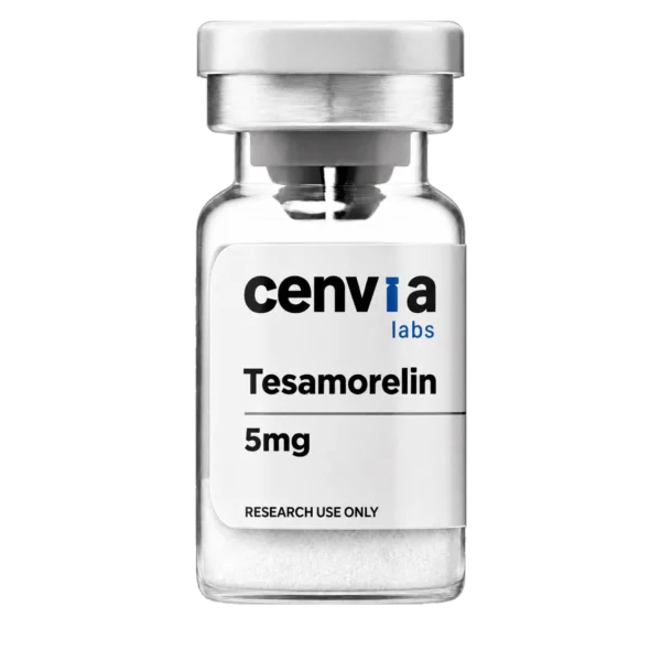 Cenvia Labs Tesamorelin 5mg vial, transparent background (product mockup, not final photography)